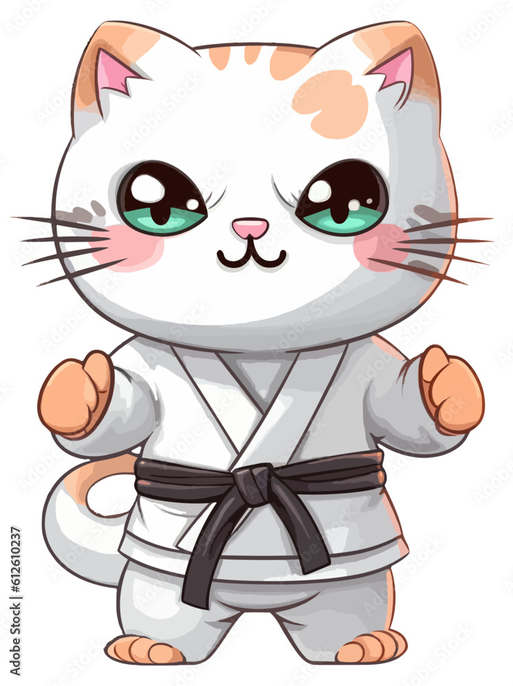 Cute cartoon cat dressed into the karate outfit and standing in karate pose