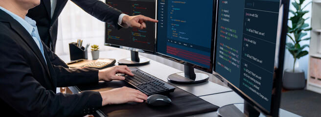 Wall Mural - software development team working together in office, coding script display on computer monitor. pro