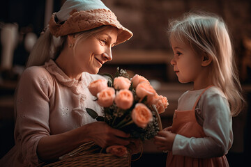 Girl gives a bouquet of flowers to her grandmother