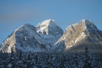 Sticker - Scenic view of rocky mountains covered in white snow in a forest on a bright winter day