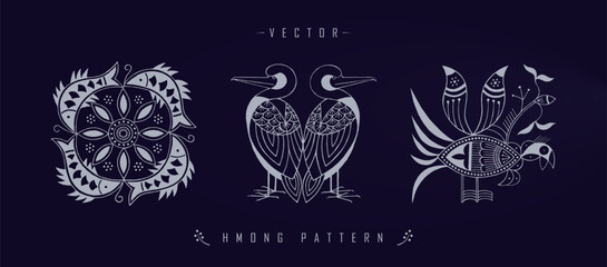 Poster - Vector illustration set of three white Chinese Hmong patterns with floral and wildlife elements