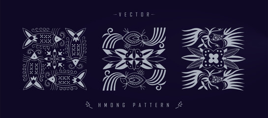 Poster - Vector illustration set of three white Chinese Hmong patterns with floral and wildlife elements