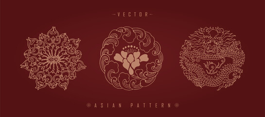 Sticker - Vector illustration set of three traditional Chinese decorative patterns with floral elements