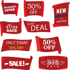 Sticker - Digital render of a set of red sale and discount icons on a white background