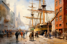 Watercolor Of South Street Seaport In The Early 1900s - Generative AI