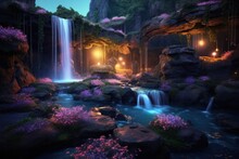 Glowing Fireflies Illuminating A Hidden Fairytale Garden At Dusk, With A Majestic Waterfall Cascading Down A Vibrant Flower Covered Cliff. Generative AI