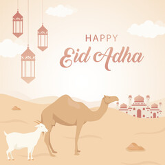 Wall Mural - Vector Islamic Eid al Adha with goat and camel background