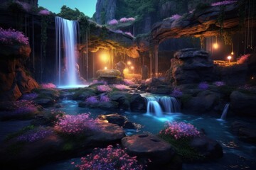glowing fireflies illuminating a hidden fairytale garden at dusk, with a majestic waterfall cascadin