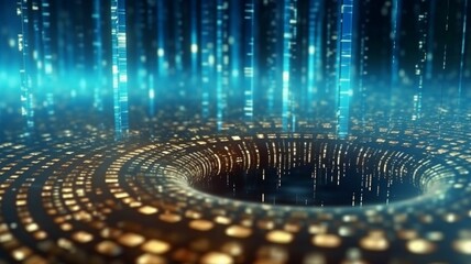 Binary code moving through a vortex in the backdrop with depth of field is a common technology background. lens flares against a background of binary code. rendering in 3D. GENERATE AI