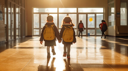 Back view of two little kids with backpacks going to school, Back to School Concept, generative Ai