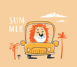 Lion on car funny cool summer t-shirt print design. Road trip on automobile. Slogan. Drive vacation safari animal