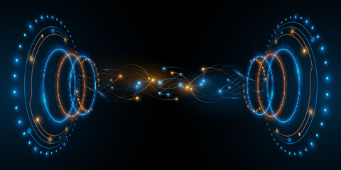 Poster - Digital glowing HUD circles in Sci-fi style with neural connectors on dark background. Development of a futuristic mechanism. Big data visualization into cyberspace. Vector illustration.