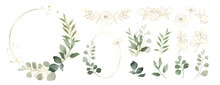 Luxury Botanical Gold Wedding Frame Elements Collection. Set Of Circle, Glitters, Leaf Branches, Flower, Eucalyptus. Elegant Foliage Design For Wedding, Card, Invitation, Greeting.