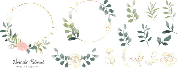 Wall Mural - Luxury botanical gold wedding frame elements collection. Set of circle, glitters, leaf branches, rose flower. Elegant foliage design for wedding, card, invitation, greeting.
