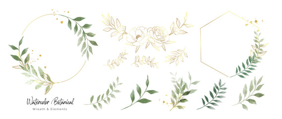 Wall Mural - Luxury botanical gold wedding frame elements collection. Set of polygon, circle, glitters, leaf branches, flower, eucalyptus. Elegant foliage design for wedding, card, invitation, greeting.