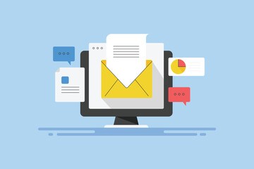 Wall Mural - business communication marketing email message on computer screen, chat bubble and sending document 