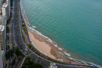 Aerial view of Chicago downtown high rise buildings and lake Michigan