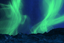 Aurora Borealis Or Northern Lights, Mountains  Landscape At Night.