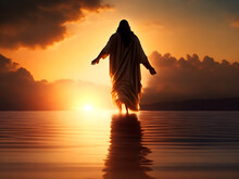 The Figure Of Jesus Walks On Water On A Beautiful Dramatic Sunset Background