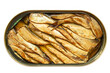 Sprats in oil in an oval open jar isolated on a transparent background.