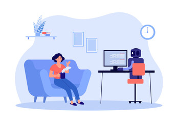 Wall Mural - happy woman on couch talking to robot vector illustration. ai working on computer while human relaxi