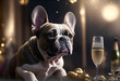 French Bulldog drinking champagne on New Years Eve party. Generative AI