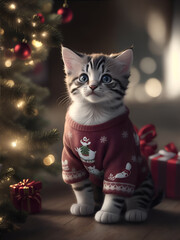 Wall Mural - Kitten in Christmas pullover.. Generative AI