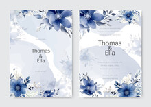 Beautiful Blue Invitation Card Template. Wedding Invitation Template With Watercolor Flower Set