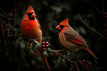 Red Bird Or Pair Of Northern Cardinals Perched On A Holly Branch
