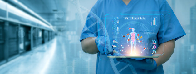 A medical worker holding tablet with Medicine analysis electronic record interface.Digital healthcare network connection hologram modern virtual screen,innovative,medical technology network concept.