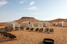 Tent Camp In The Dunes Of The Sahara Desert Near The Tembaine Mountain