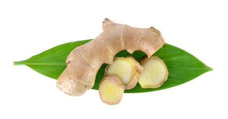 Wall Mural - ginger root slice and leaf on transparent png