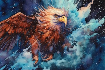 Wall Mural - art eagle in space . dreamlike background with eagle . Hand Drawn Style illustration