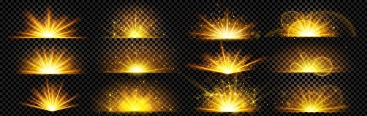 Wall Mural - Gold explode glow shine and sun light ray burst vector effect set isolated on transparent background. Magic yellow flare sparkle energy explosion and golden glitter. Sunlight beam and starlight powder