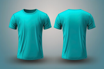 Cyan male t-shirt realistic mockup set from front and back view, blank textile print design template for fashion apparel. Created with Generative AI Technology