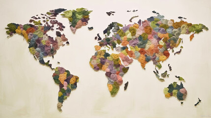 world map multi-colored threads background. generative ai.