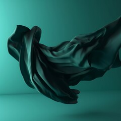 3d render. Abstract fashion background with silk cloth falling down. Dramatic scene with dark green drapery blown away by the wind, Generative AI