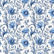 Seamless Floral Pattern, Medieval Background, Watercolor Hand Painted Illustration, Blue Flowers And Leaves, Delft, Indigo, Vintage Botanical, Generative AI