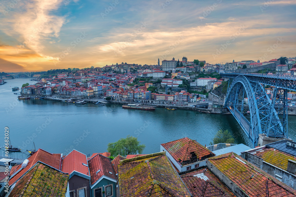 Ud Ribeira Porto Portugal, sunrise city skyline at Porto Ribeira with Douro River ...