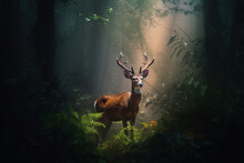 A Magical Fairy Tale Forest With Deer. A Mythical Realm Is Like Something Out Of A Storybook