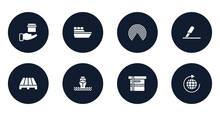 Global Logistic Filled Icons Set. Flat Filled Icons Sheet Included Delivery In Hand, Sea Ship, Airdrop, Use Cutter, Pallets, Ocean Transportation, Small Cardboard Box, Distribution Vector.