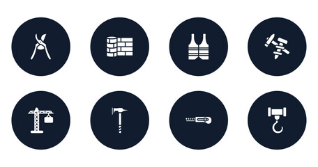 Wall Mural - tools and hinery filled icons set. flat filled icons sheet included pruning shears, linoleum, reflective vest, construction tools, tall crain, battle axe, cutter facing left, crane hook vector.