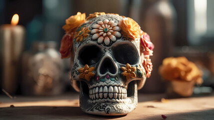 Wall Mural - Ritual Mexican skull decorated with colorful flowers, straight view.