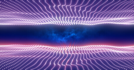 Abstract purple energy waves from particles above and below the screen magical bright glowing futuristic hi-tech background