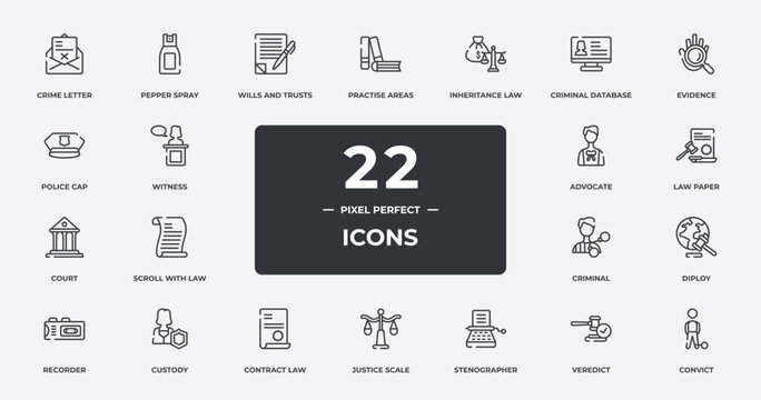 law and justice outline icons set. thin line icons sheet included crime letter, wills and trusts, inheritance law, evidence, law paper, custody, veredict, convict vector.