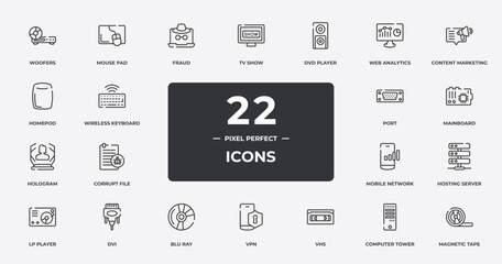 Poster - computer functions outline icons set. thin line icons sheet included woofers, fraud, dvd player, content marketing, mainboard, dvi, computer tower, magnetic tape vector.