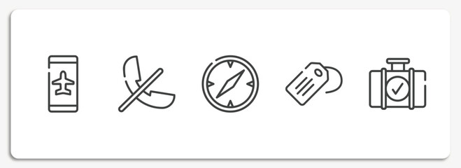 in the airport outline icons set. thin line icons sheet included smartphone airplane mode, phones not allowed, compass with white face, luggage tag, luggage checking vector.