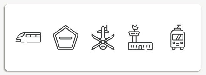 public transport outline icons set. thin line icons sheet included monorail, do not enter, helicopter black shape top view, air traffic controller, trolley bus vector.