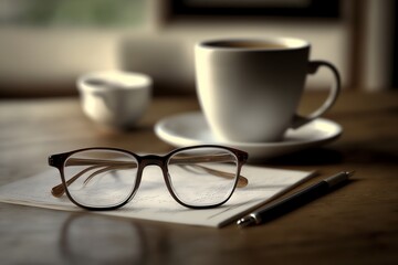 Canvas Print - Eyeglasses on the table. Blurry background. Vision concept. Generative AI