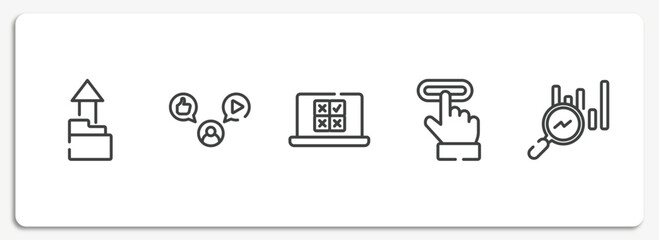 Poster - business and charts outline icons set. thin line icons sheet included upload folder, mass media, online voting, subscription, search stats vector.